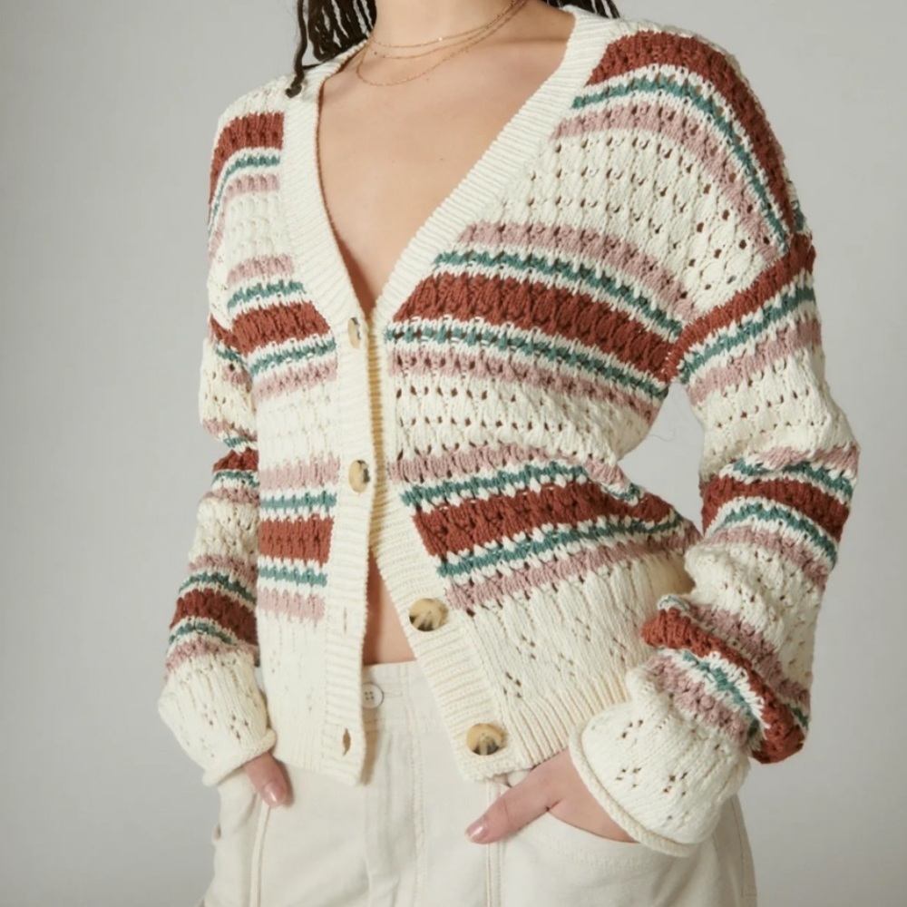 Lucky brand womens crochet knit button front cardigan L NWT